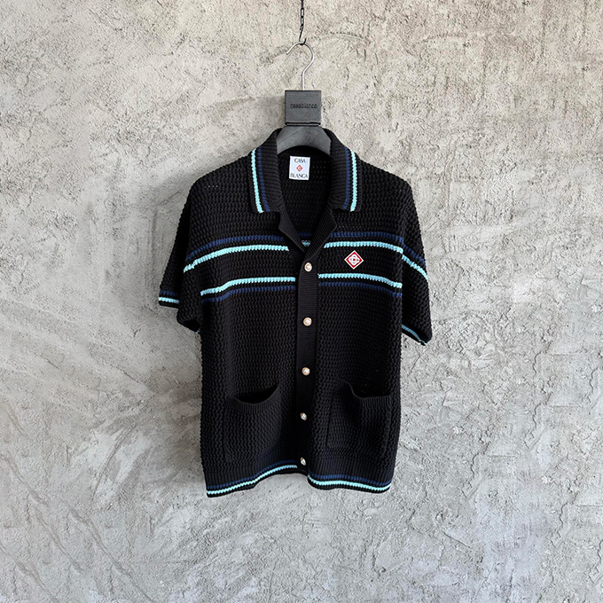 casablanca striped crochet knit short-sleeve shirt
